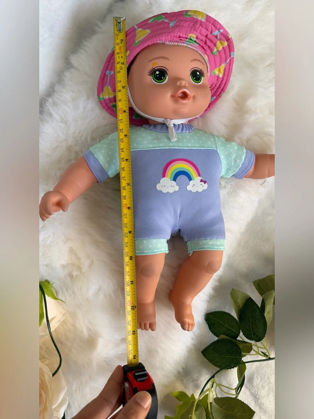 13” Baby Doll Realistic Baby Doll Rainbow Outfit Green Eyes